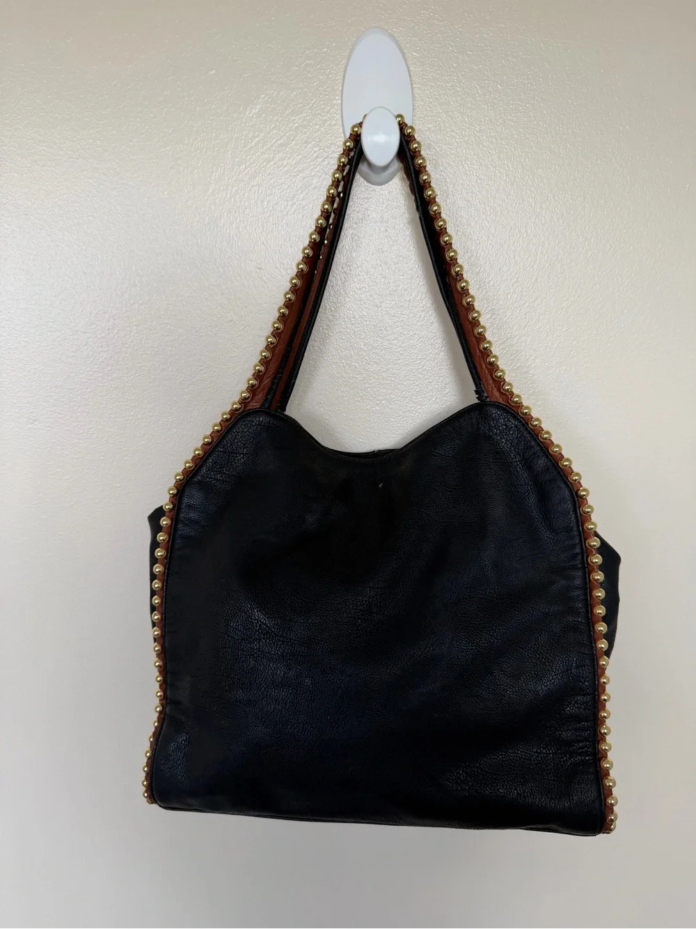BIG BUDDHA Black Large Hobo Shoulder Bag with Cognac Brown Gold Bead Trim